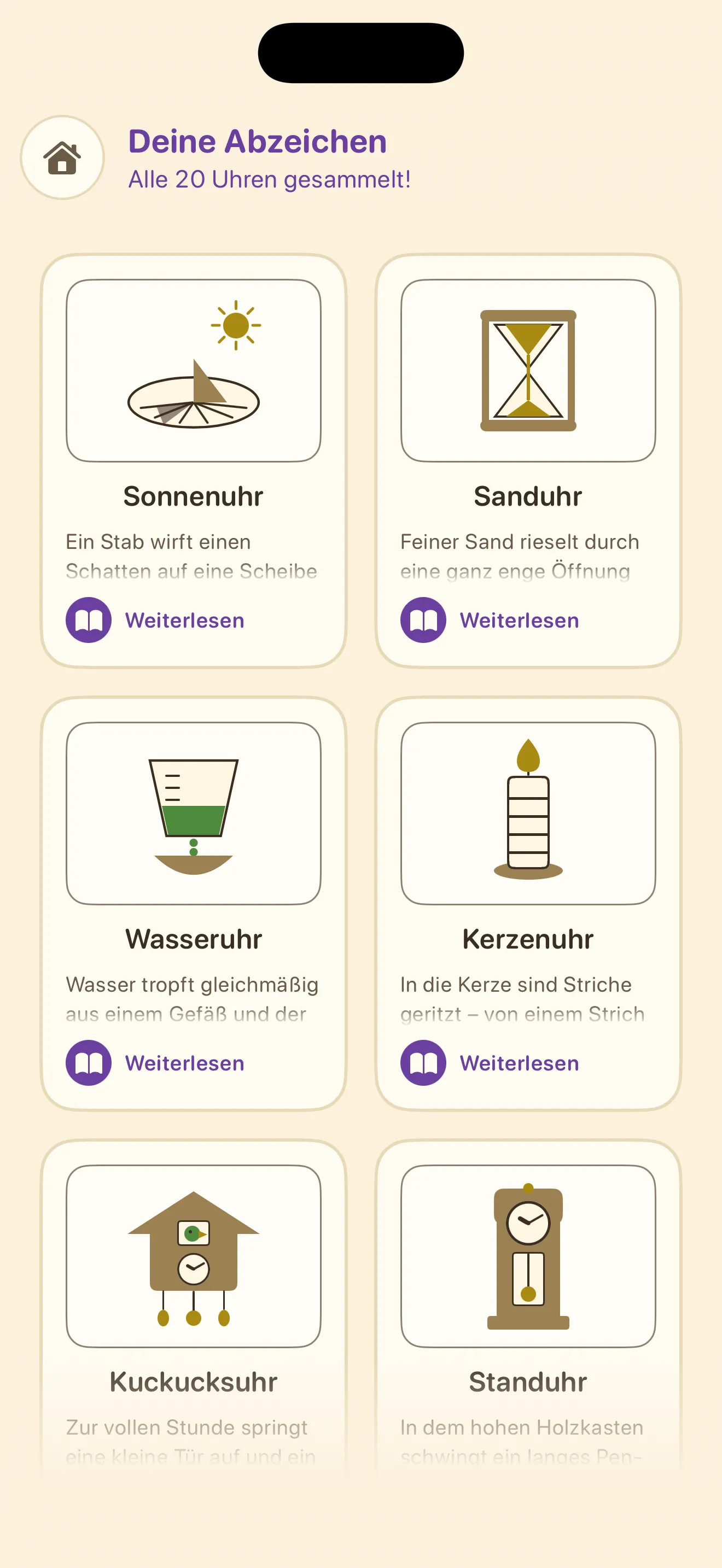 Deine Abzeichen: „Alle 20 Uhren gesammelt!“, darunter ein Gitter aus Karten, das mit Sonnenuhr, Sanduhr, Wasseruhr und Kerzenuhr beginnt – jede mit einer kurzen Erklärung und einem Knopf „Weiterlesen“.